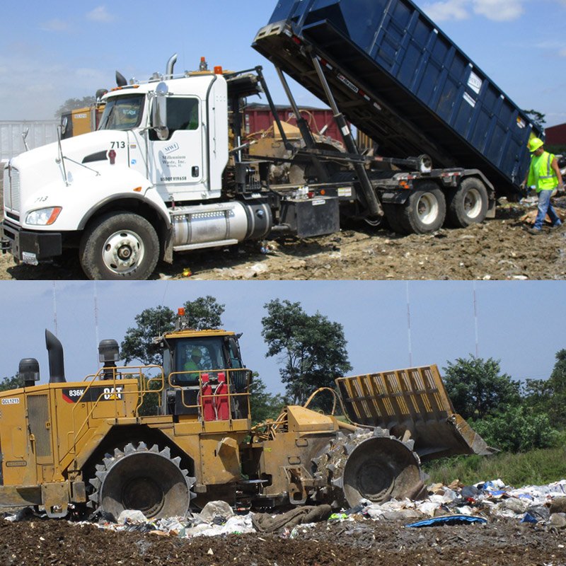 Millennium Waste bulldozer pushing trash.